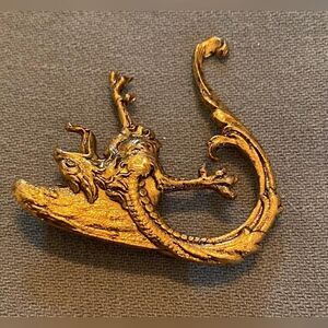 Gold Tone Dragon Brooch Pin Mythical Creature Curved Tail Fantasy Viking 1.5”